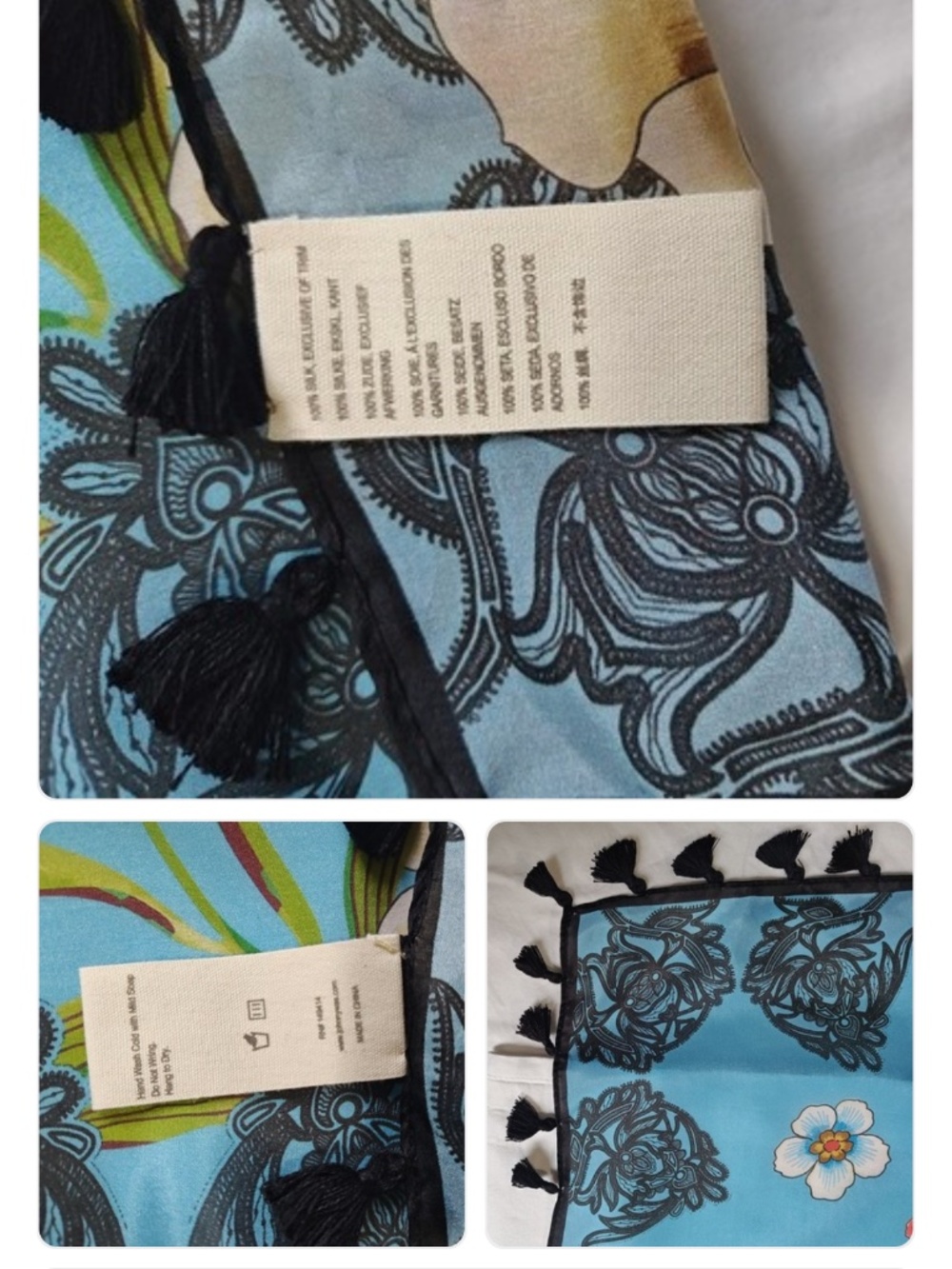 NWT unopened Johnny Was Silk Scarf Blue w Black Tassels, NEW - Picture 7 of 13